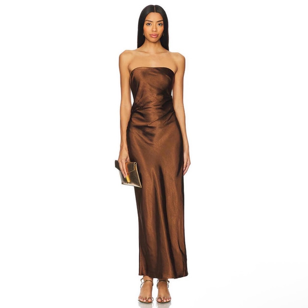 NEW Runaway The Label Kristine Strapless Minimalist Brown Satin Maxi Dress Small